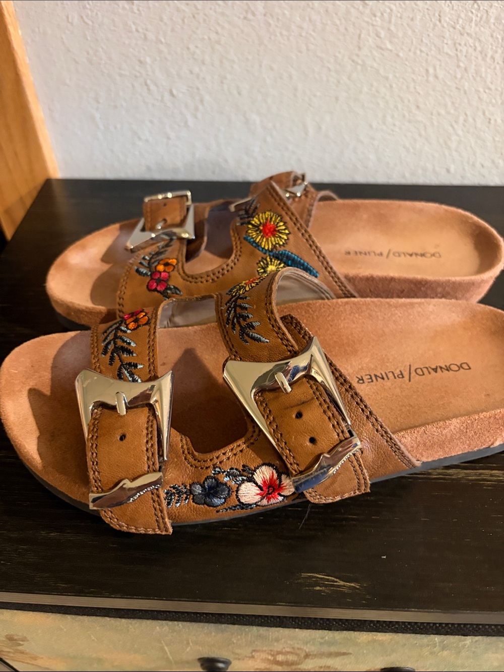 Donald J. Pliner leather Brown Embroidered Double-Buckle Sandals